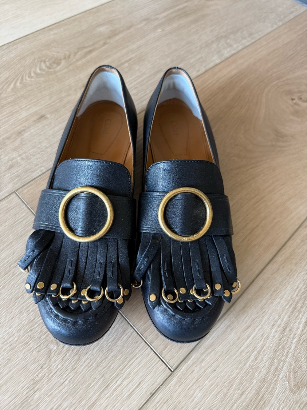 Chloe Olly Black Leather Fringe Loafers